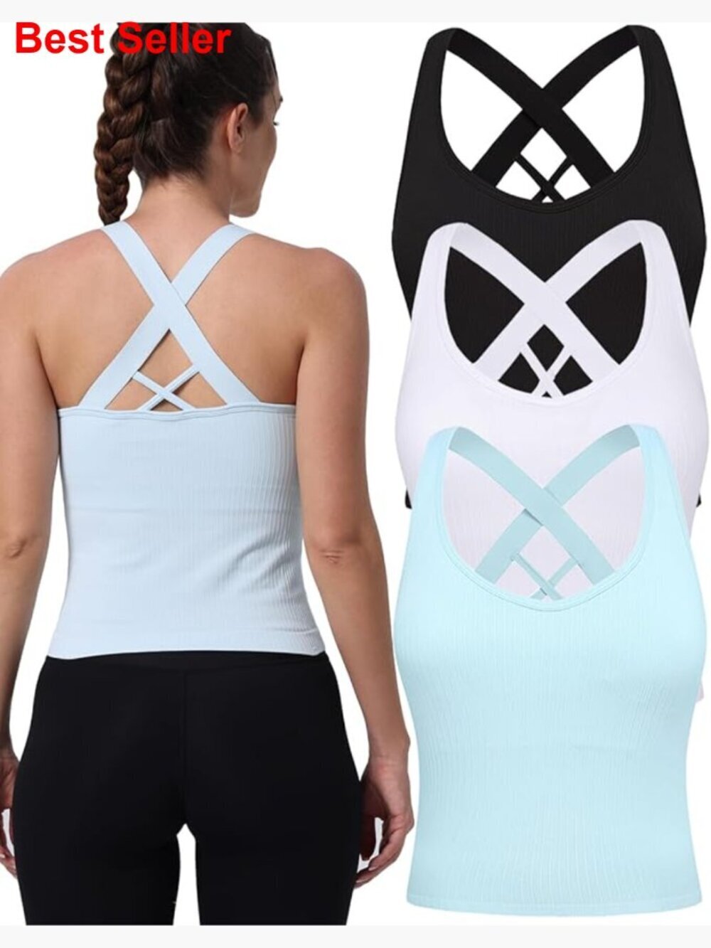 Seamless Ribbed Yoga Tank Top with Built-in Bra Criss Cross Back
